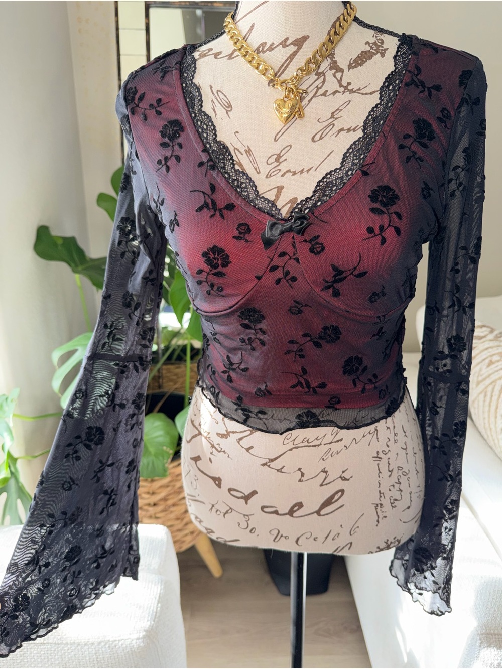 Sheer Black Floral Mesh Wrap Top with Burgundy Lining - Picture 2 of 9
